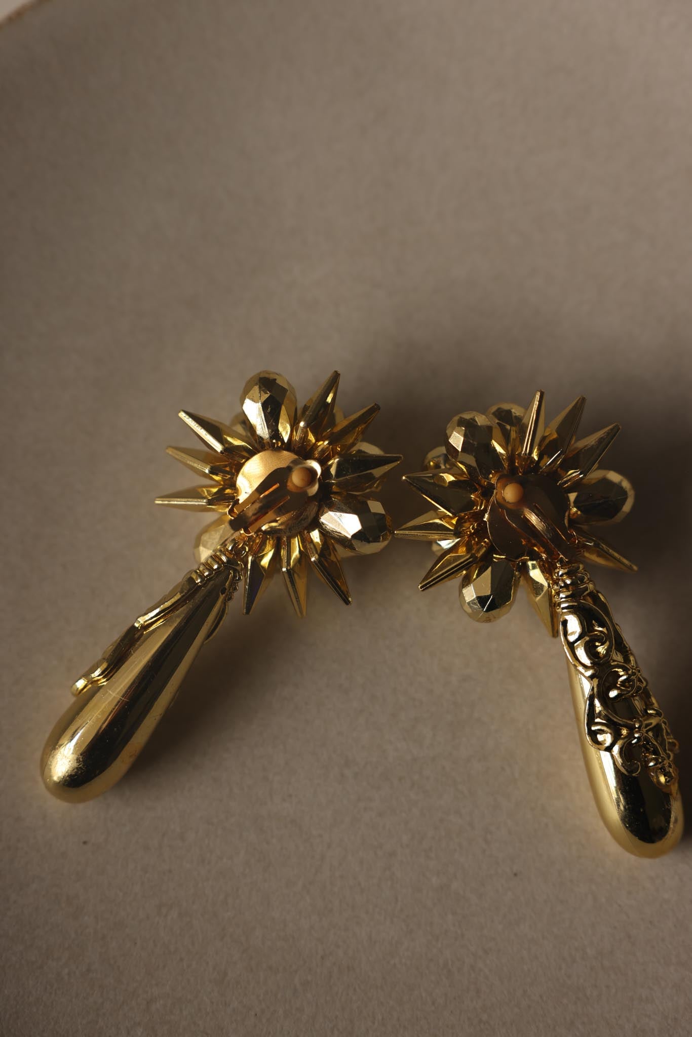 Gold Tone Floral Statement Drop Clip-On Earrings