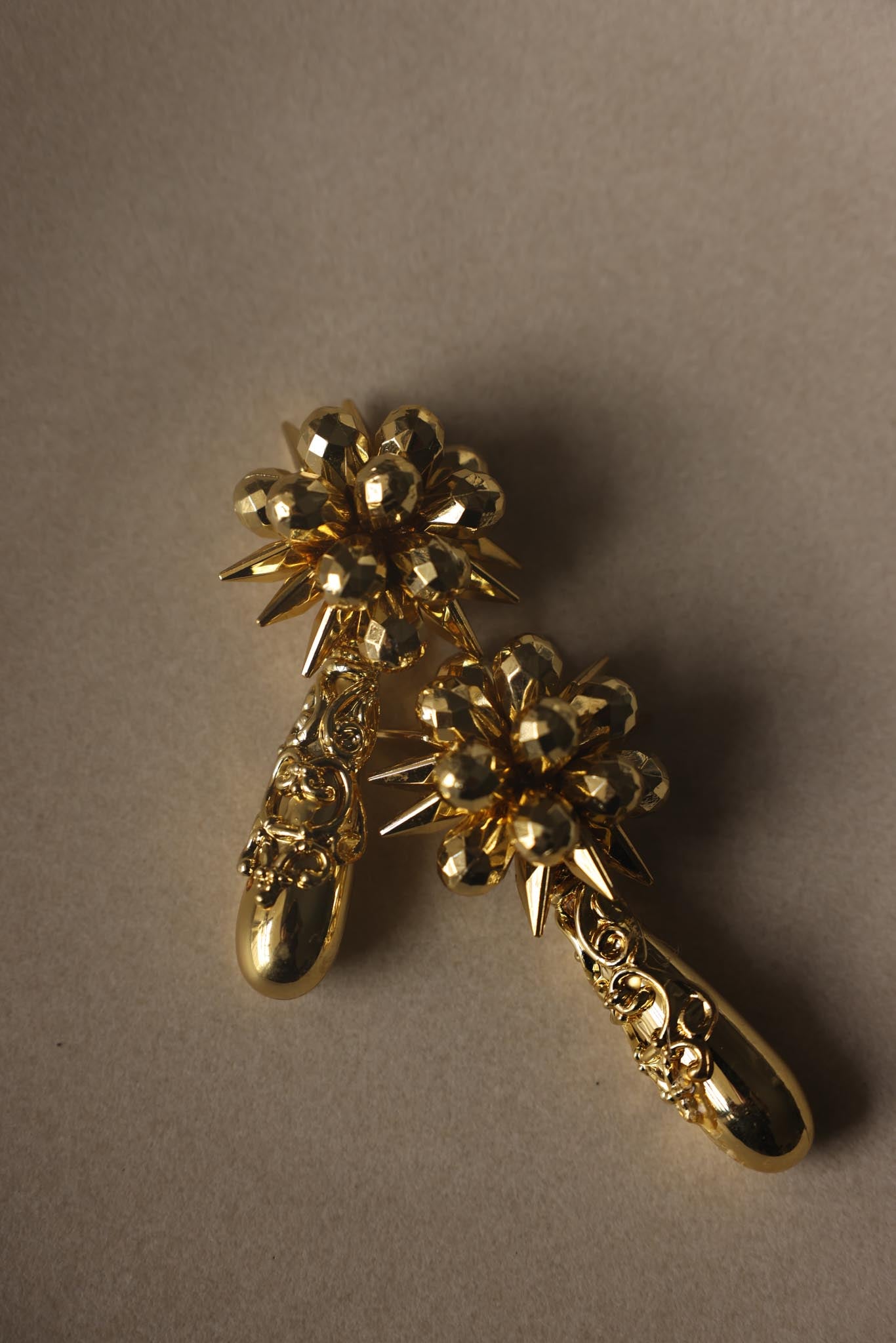 Gold Tone Floral Statement Drop Clip-On Earrings