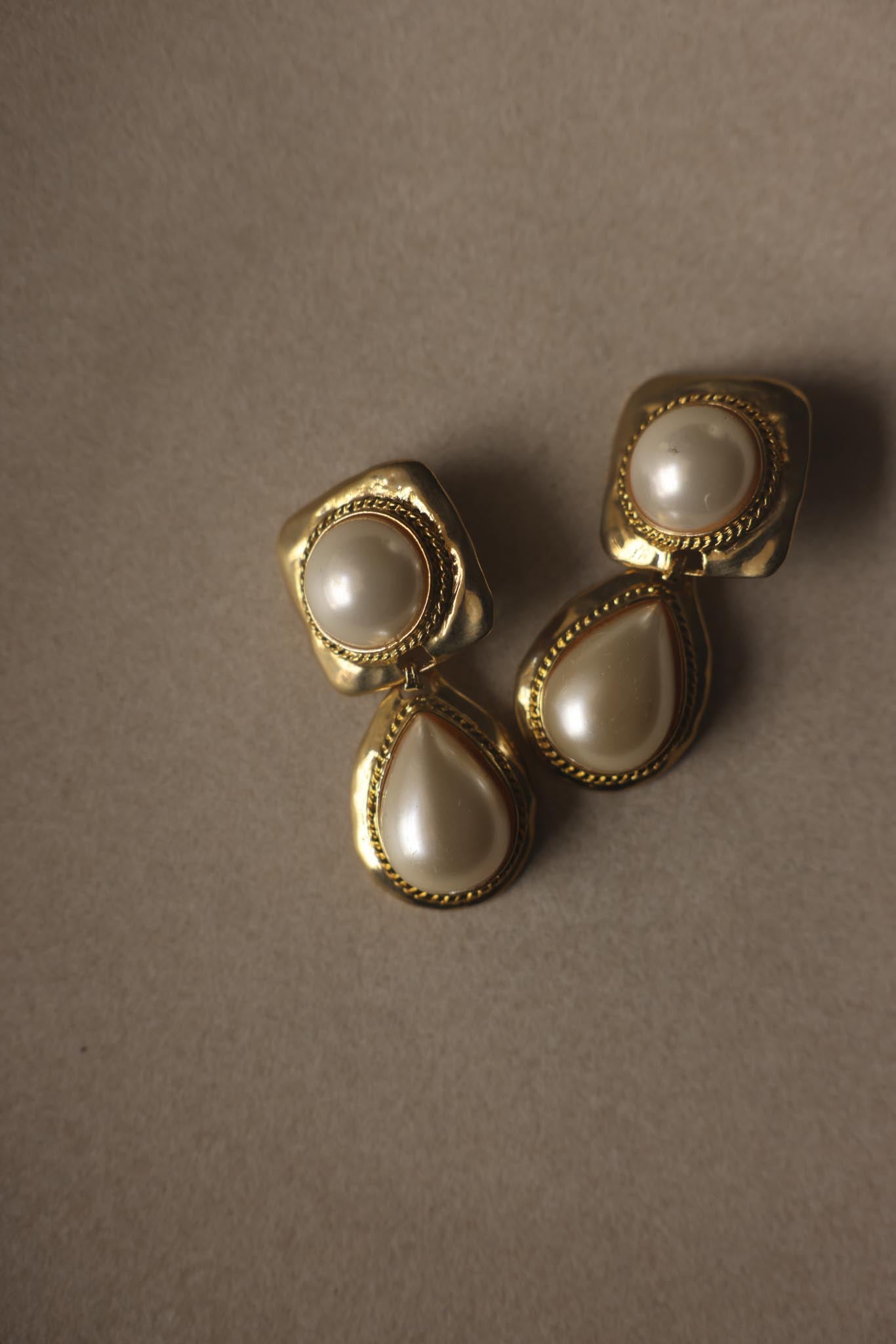 Gold Tone Faux Pearl Drop Clip-On Earrings|Vintage Baazaar 