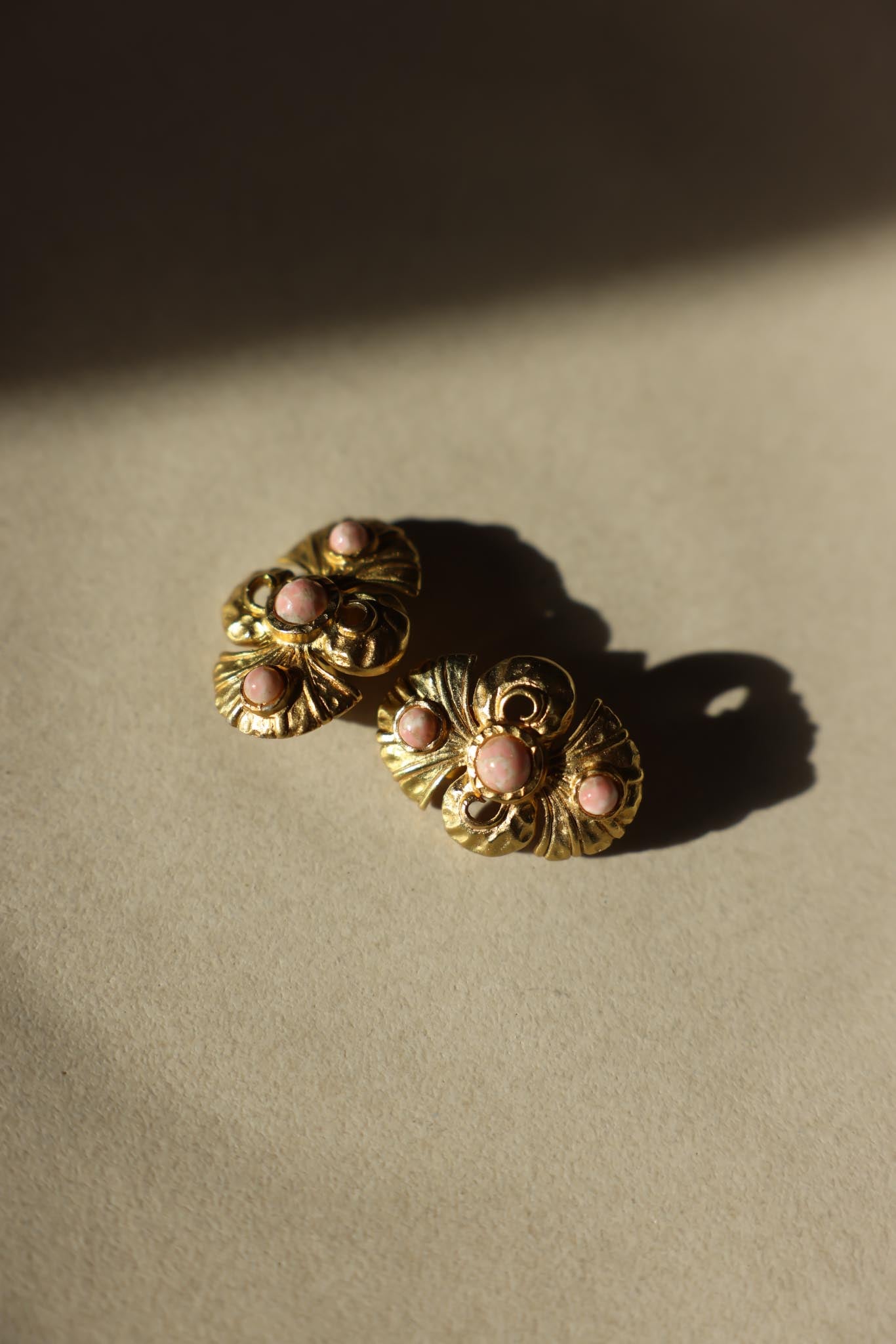 Gold Tone Pink Cabochon Clip-On Earrings