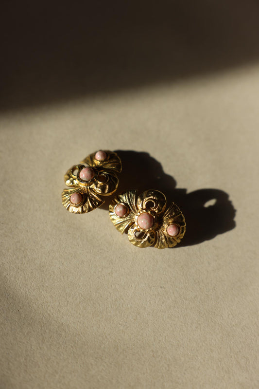 Gold Tone Pink Cabochon Clip-On Earrings