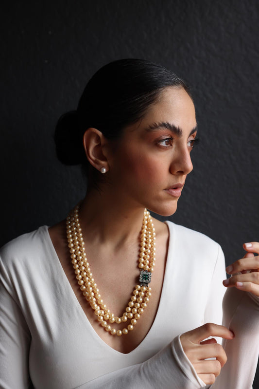 Triple-Strand Pearl Necklace with Emerald Rhinestone Clasp|Vintage Baazaar 