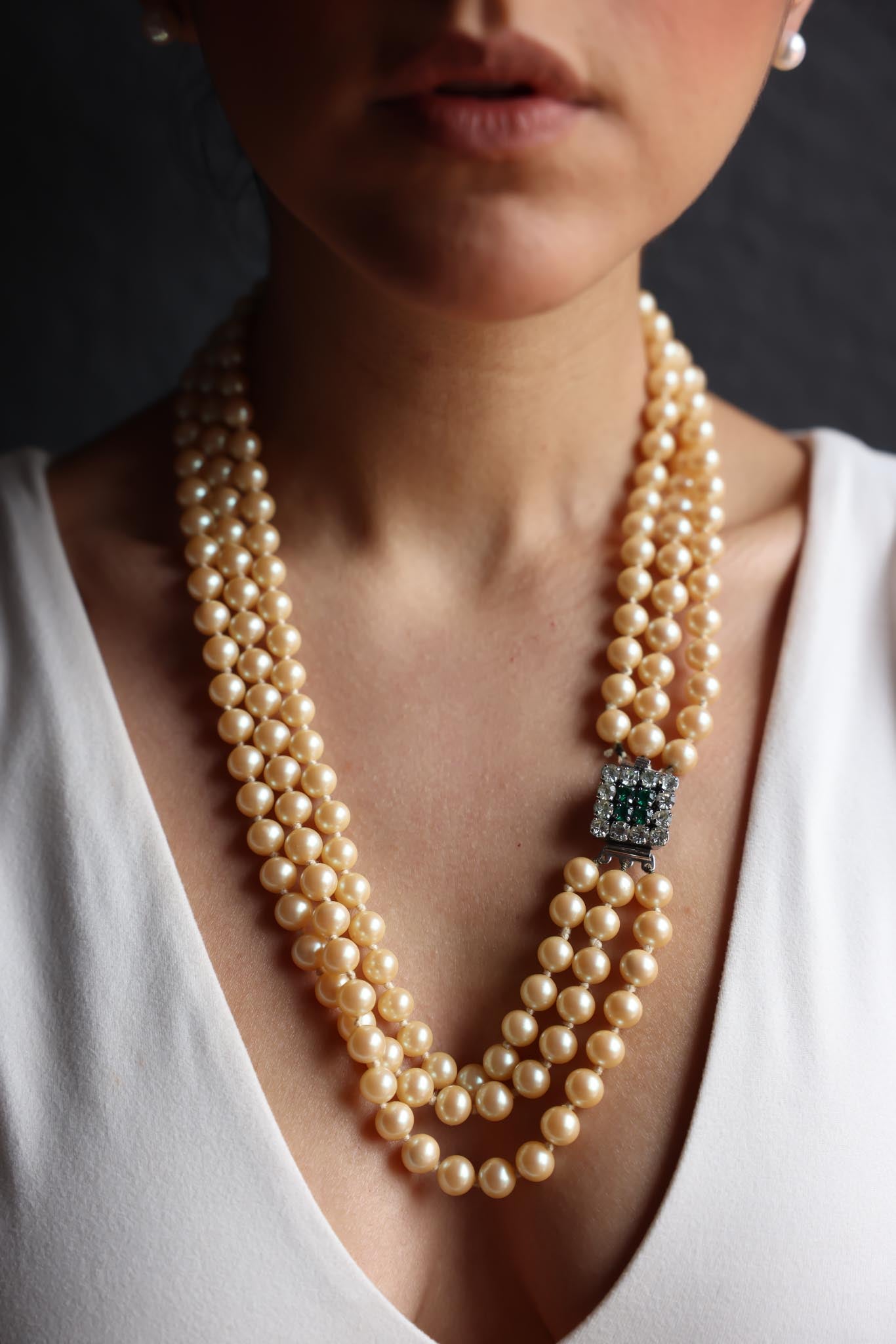 Triple-Strand Pearl Necklace with Emerald Rhinestone Clasp|Vintage Baazaar 