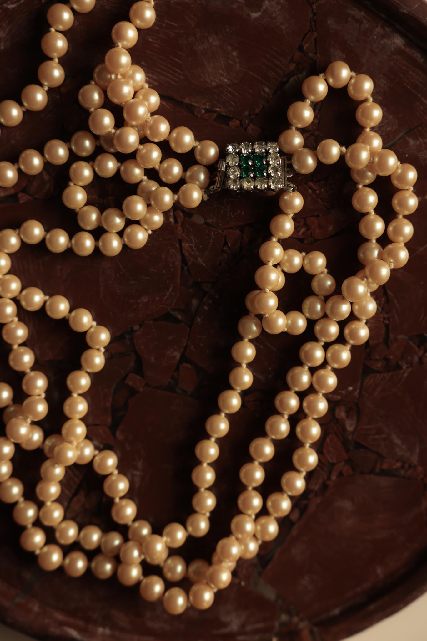 Triple-Strand Pearl Necklace with Emerald Rhinestone Clasp|Vintage Baazaar 