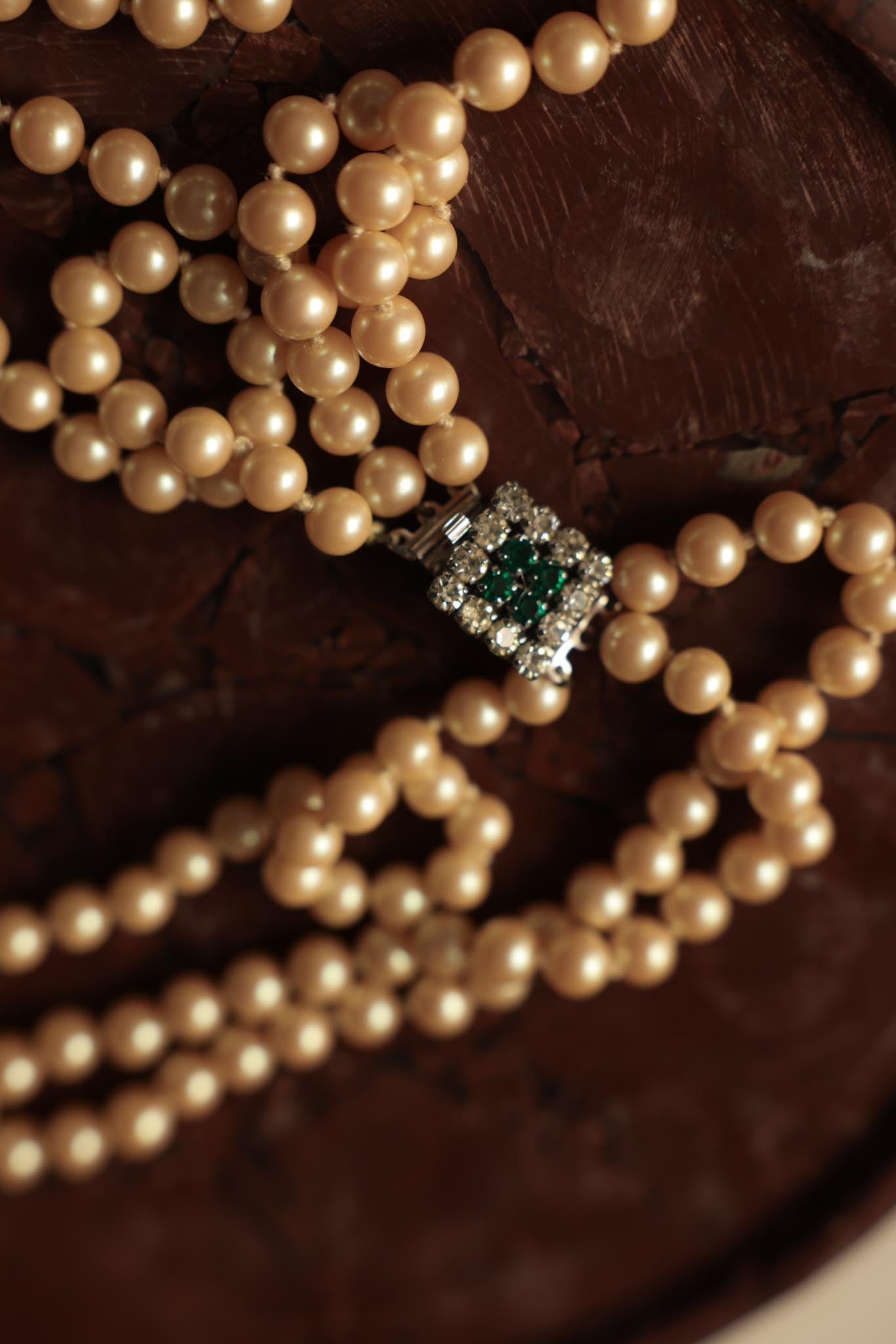 Triple-Strand Pearl Necklace with Emerald Rhinestone Clasp|Vintage Baazaar 