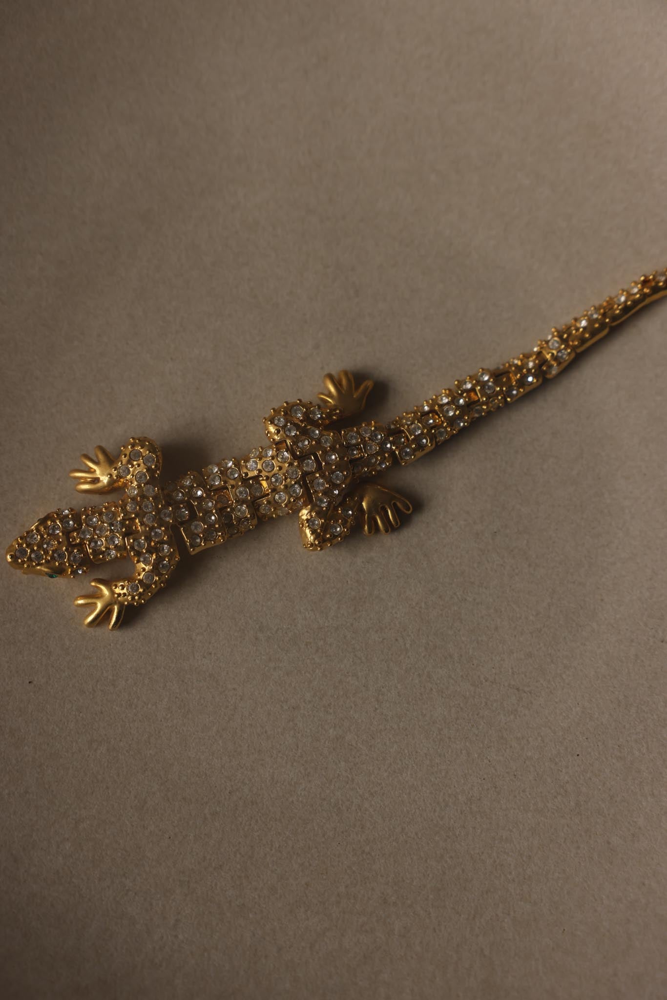 Gold-Plated Rhinestone Lizard Shoulder Brooch