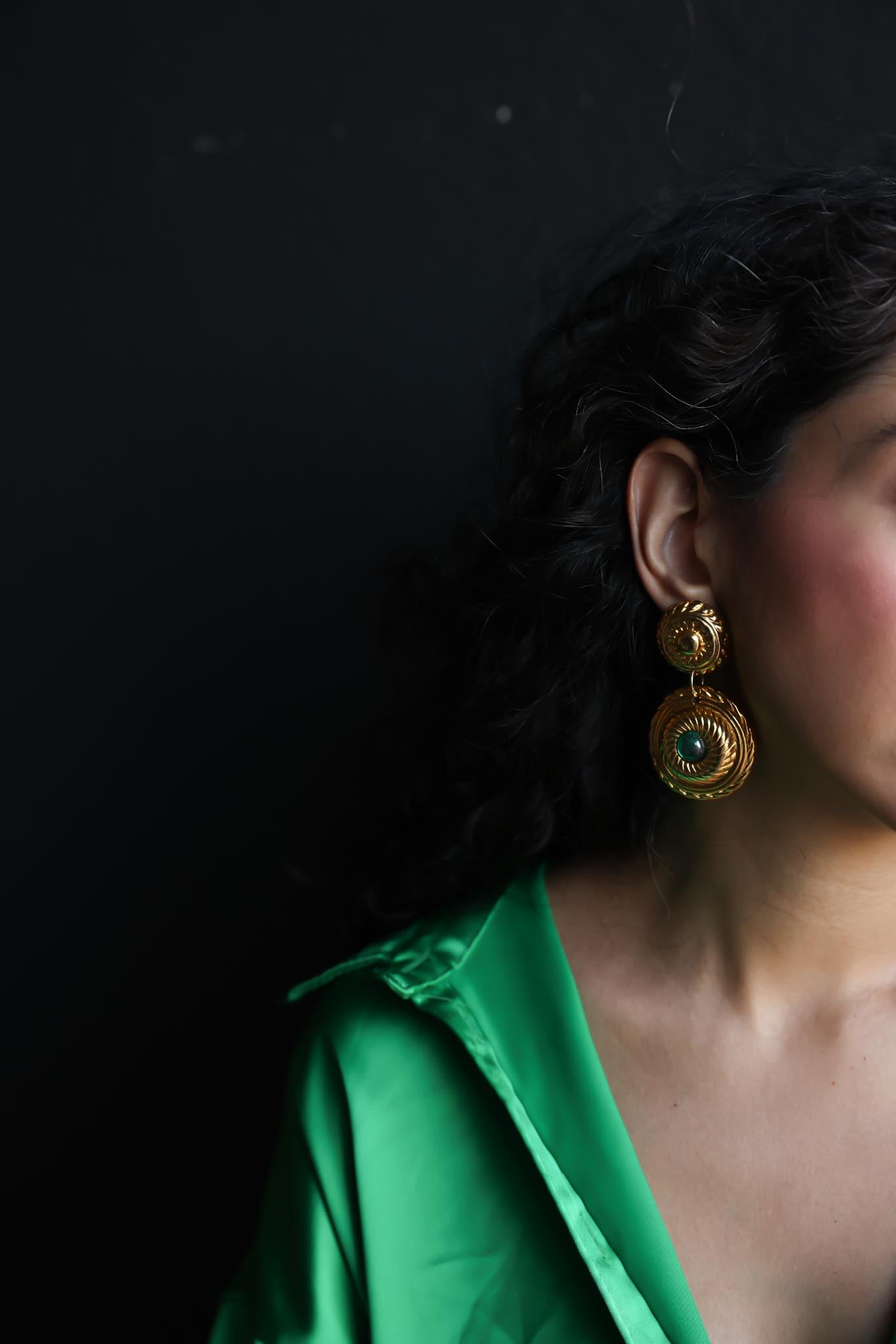 Gold-Tone Drop Earrings with Green Cabochons