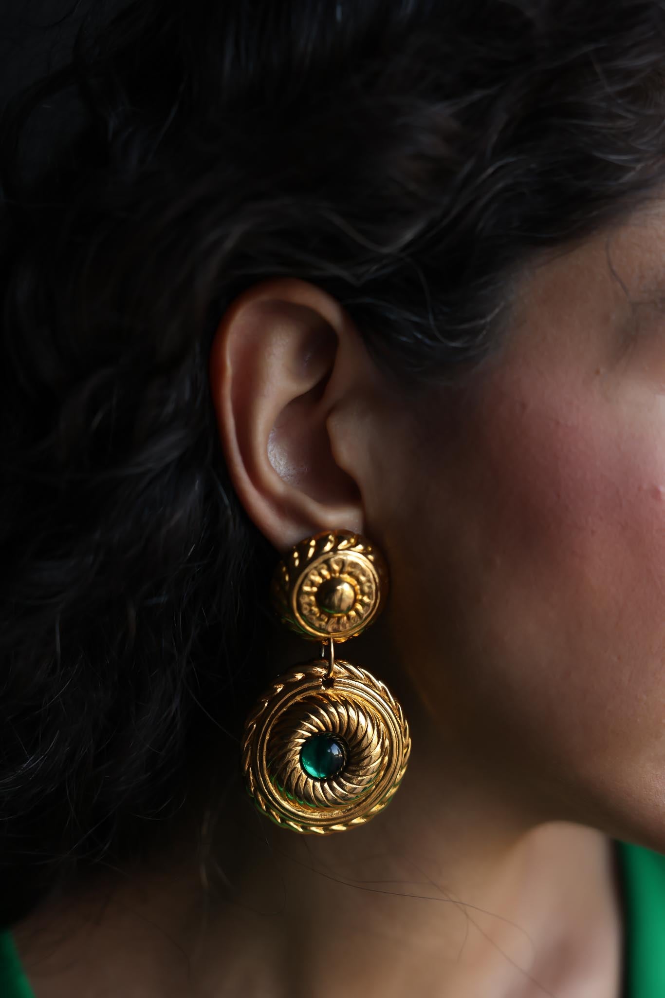 Gold-Tone Drop Earrings with Green Cabochons