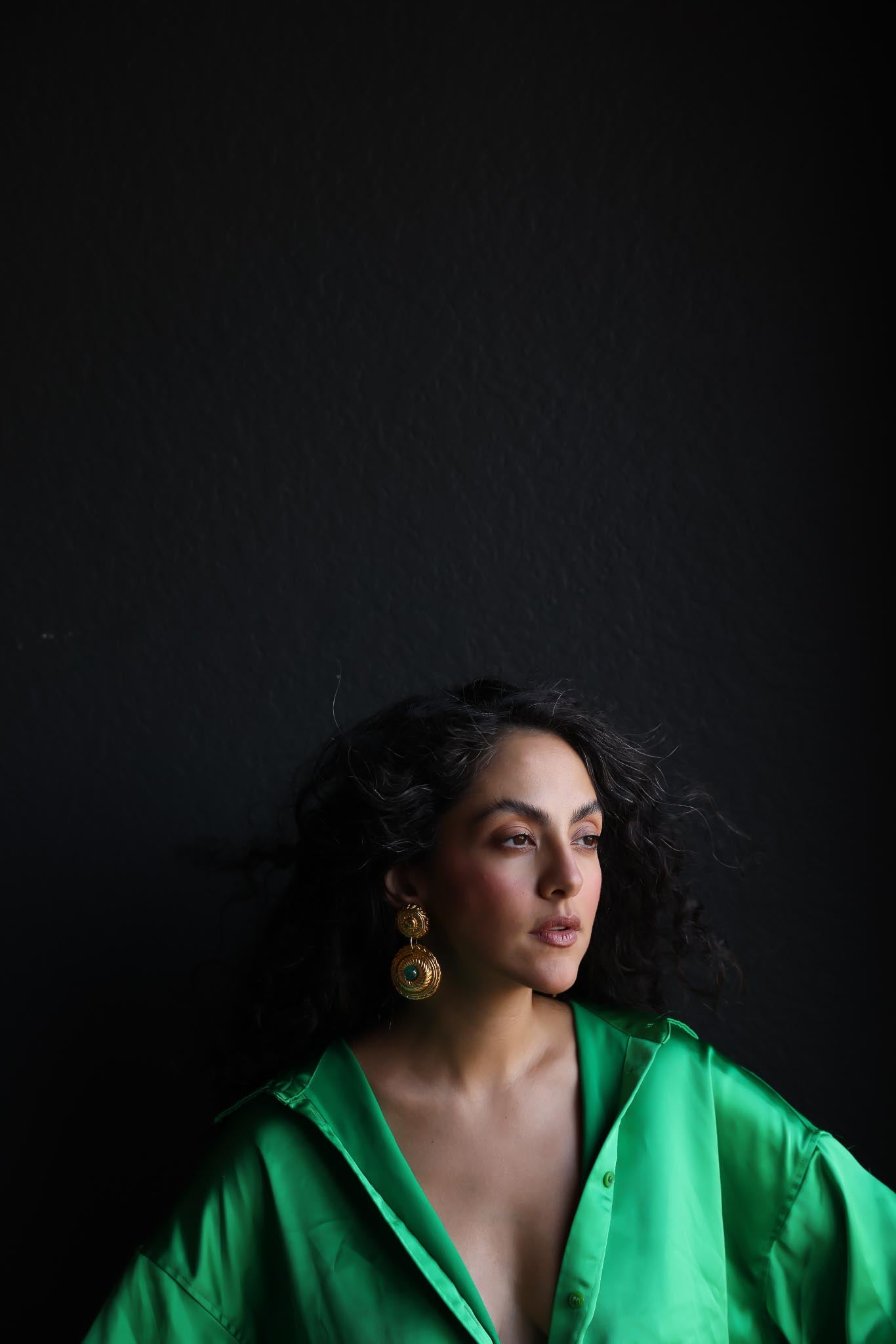 Gold-Tone Drop Earrings with Green Cabochons