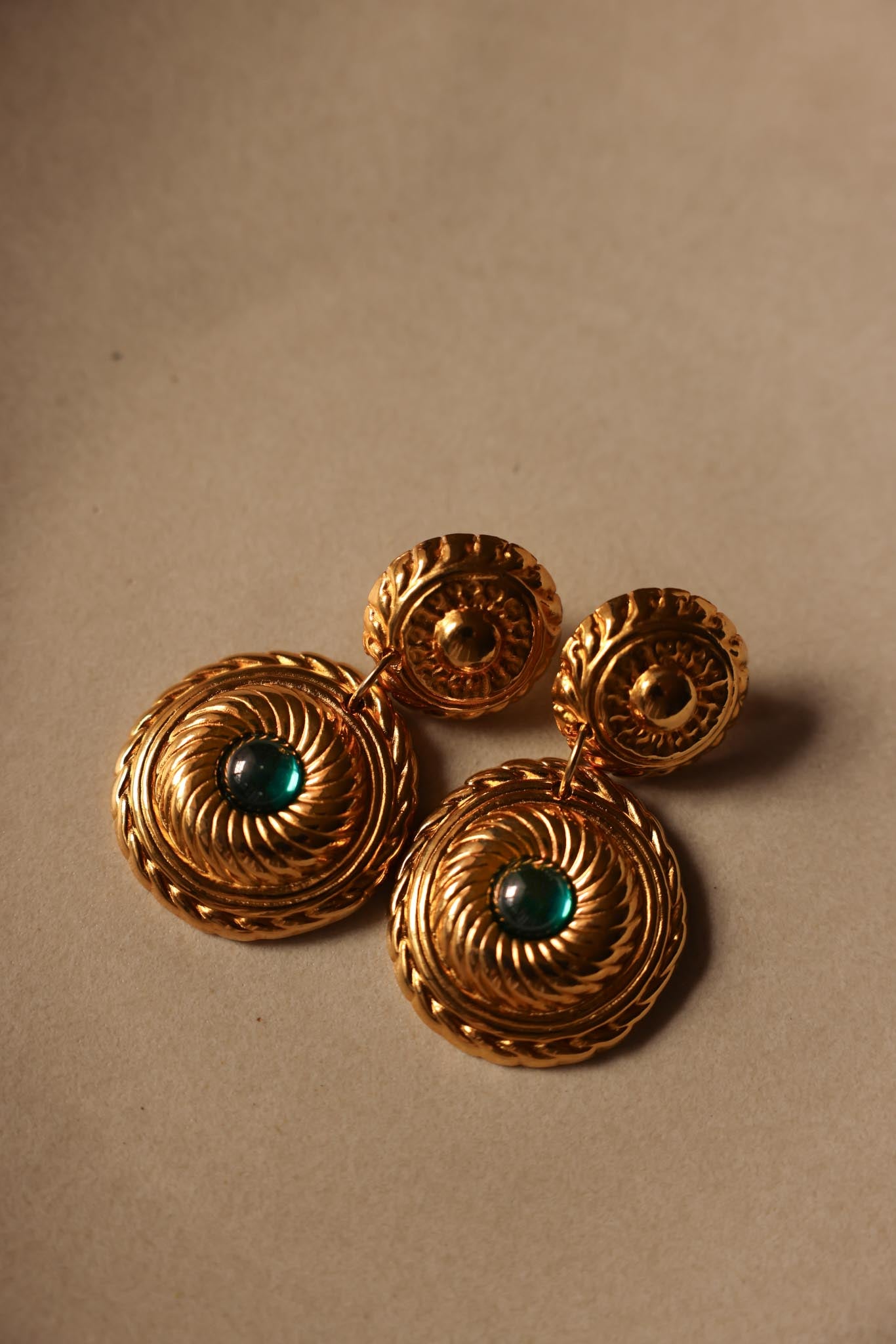 Gold-Tone Drop Earrings with Green Cabochons