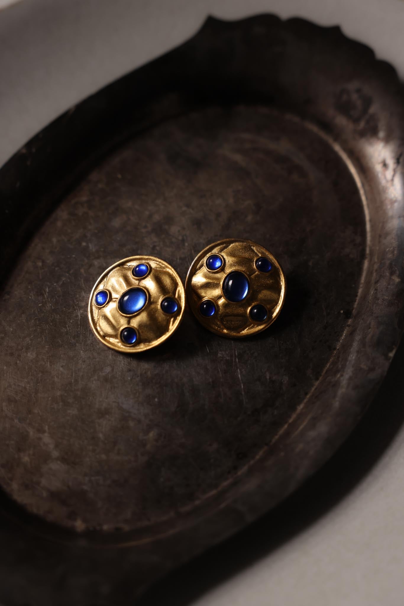 Matte Gold Blue Accent Clip-On Earrings