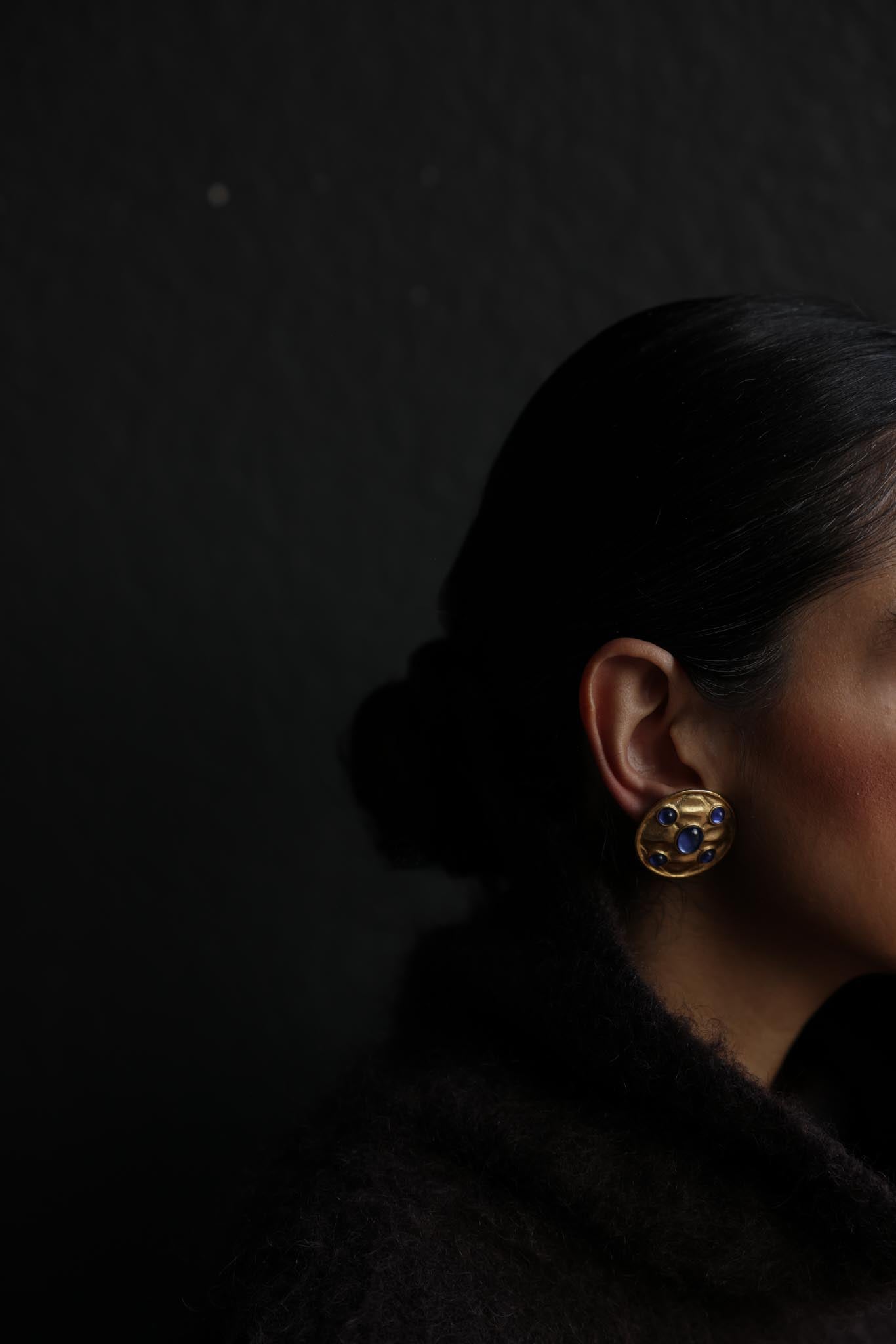 Matte Gold Blue Accent Clip-On Earrings