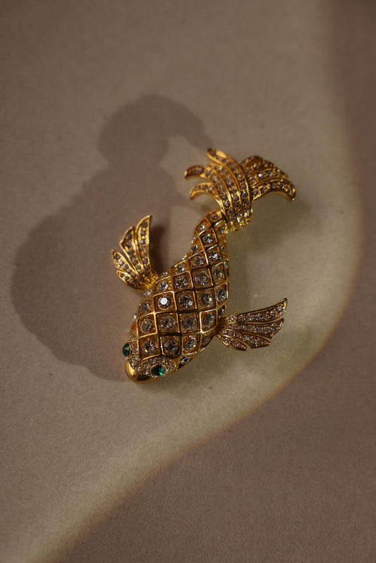 1930's Gold-Tone Rhinestone Fish Brooch