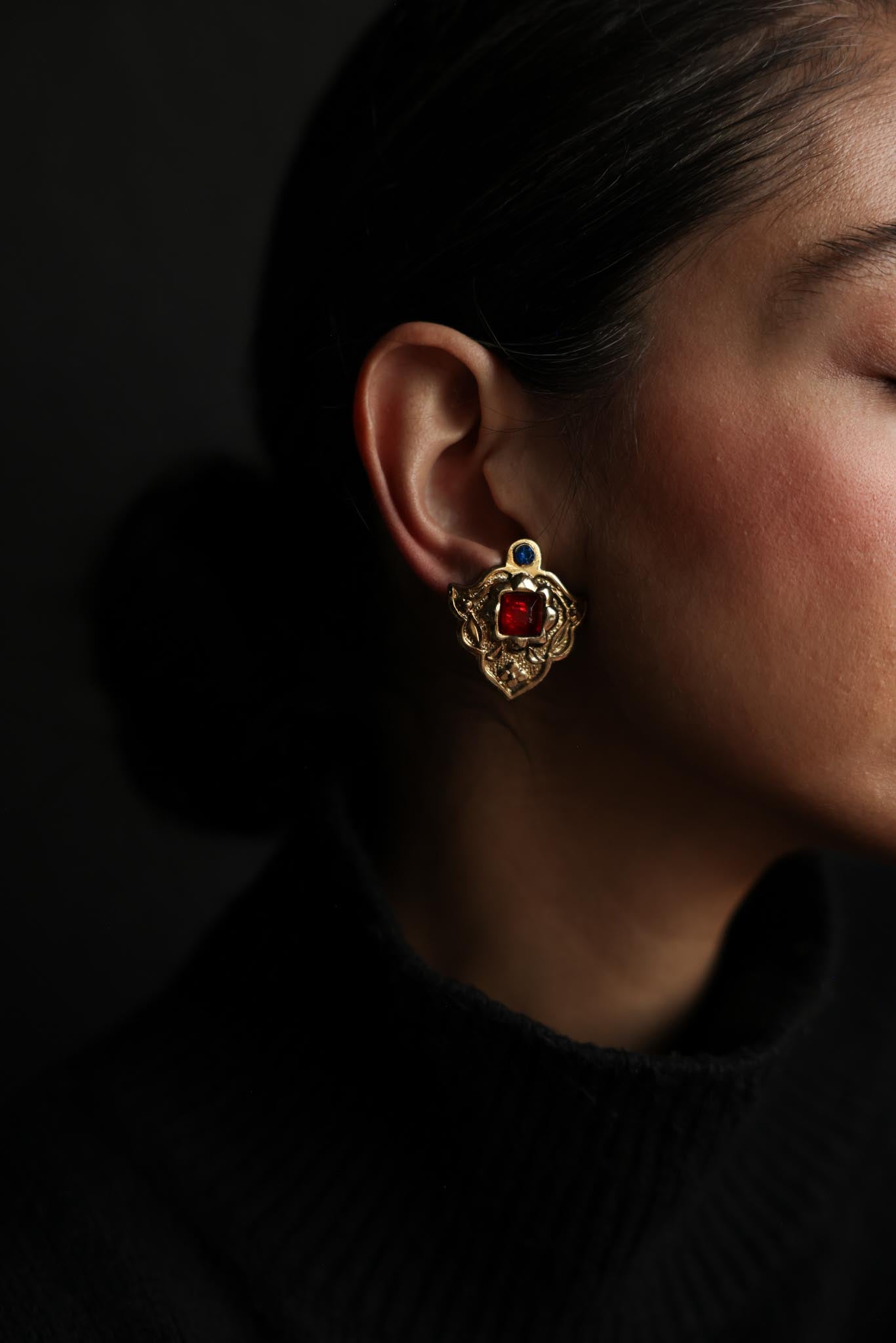 Gold-Tone Red & Blue Crest Clip-On Earrings