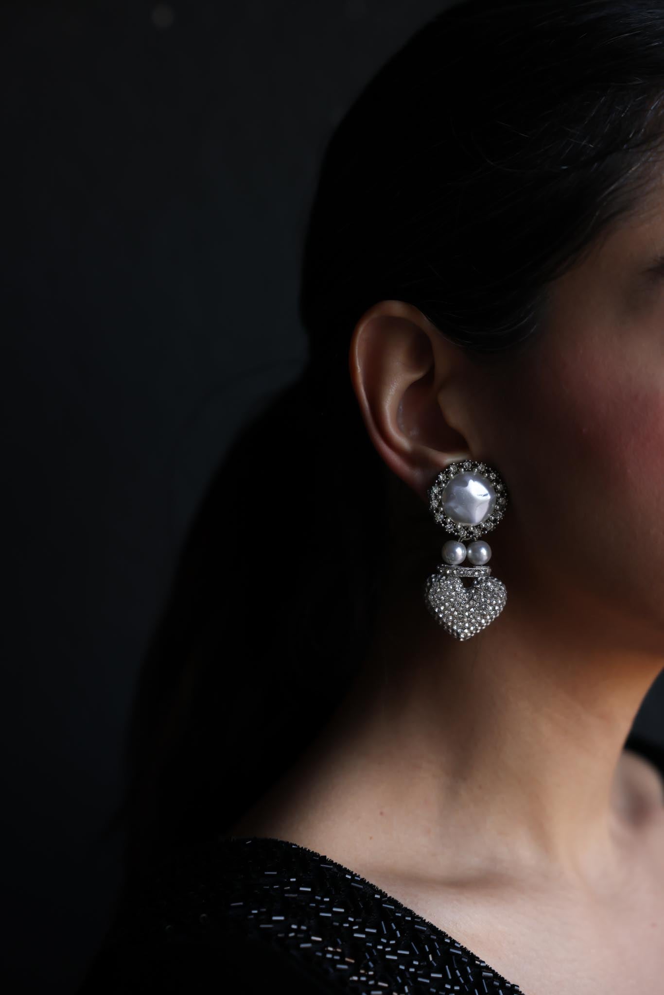 Rhinestone & Pearl Heart Clip-On Earrings|Vintage Baazaar 