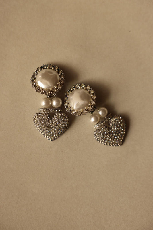 Rhinestone & Pearl Heart Clip-On Earrings|Vintage Baazaar 