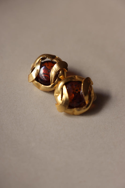 Matte Gold Amber Glass Clip-On Earrings