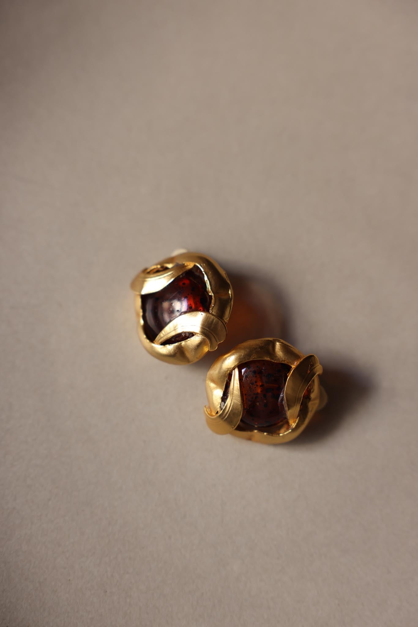 Matte Gold Amber Glass Clip-On Earrings