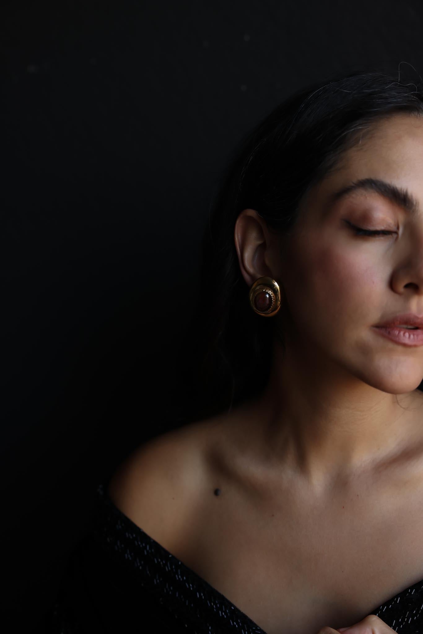 Gold-Tone Clip-On Earrings with Burgundy Cabochons