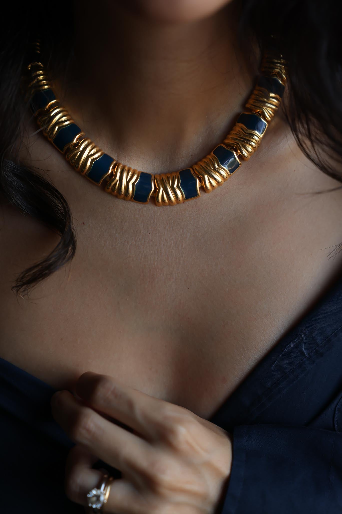 Gold-Tone and Navy Enamel Collar Necklace