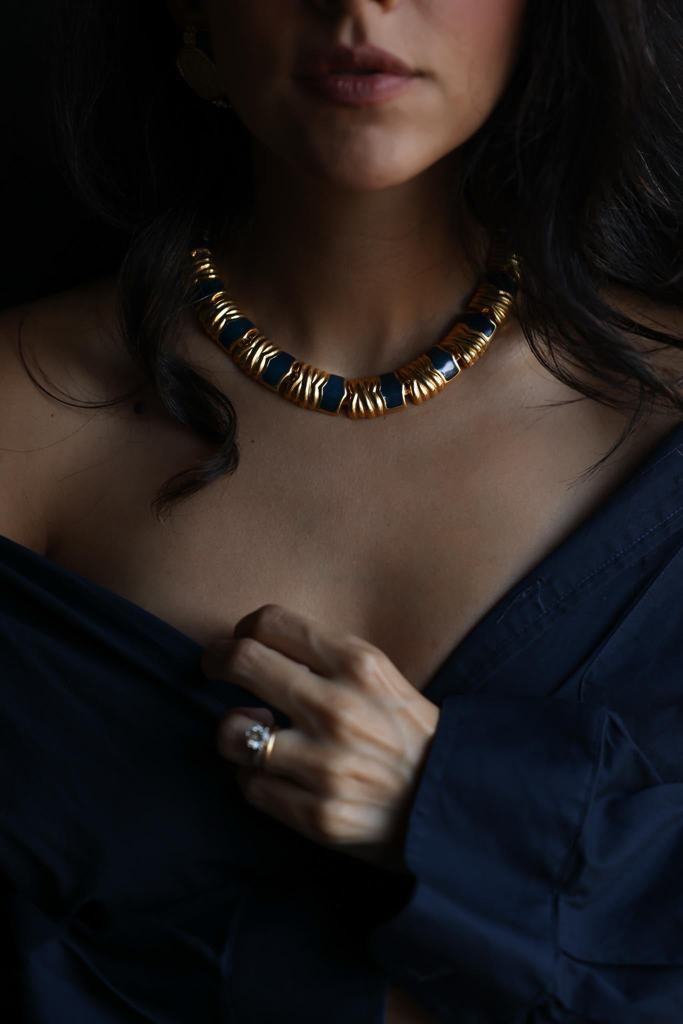 Gold-Tone and Navy Enamel Collar Necklace