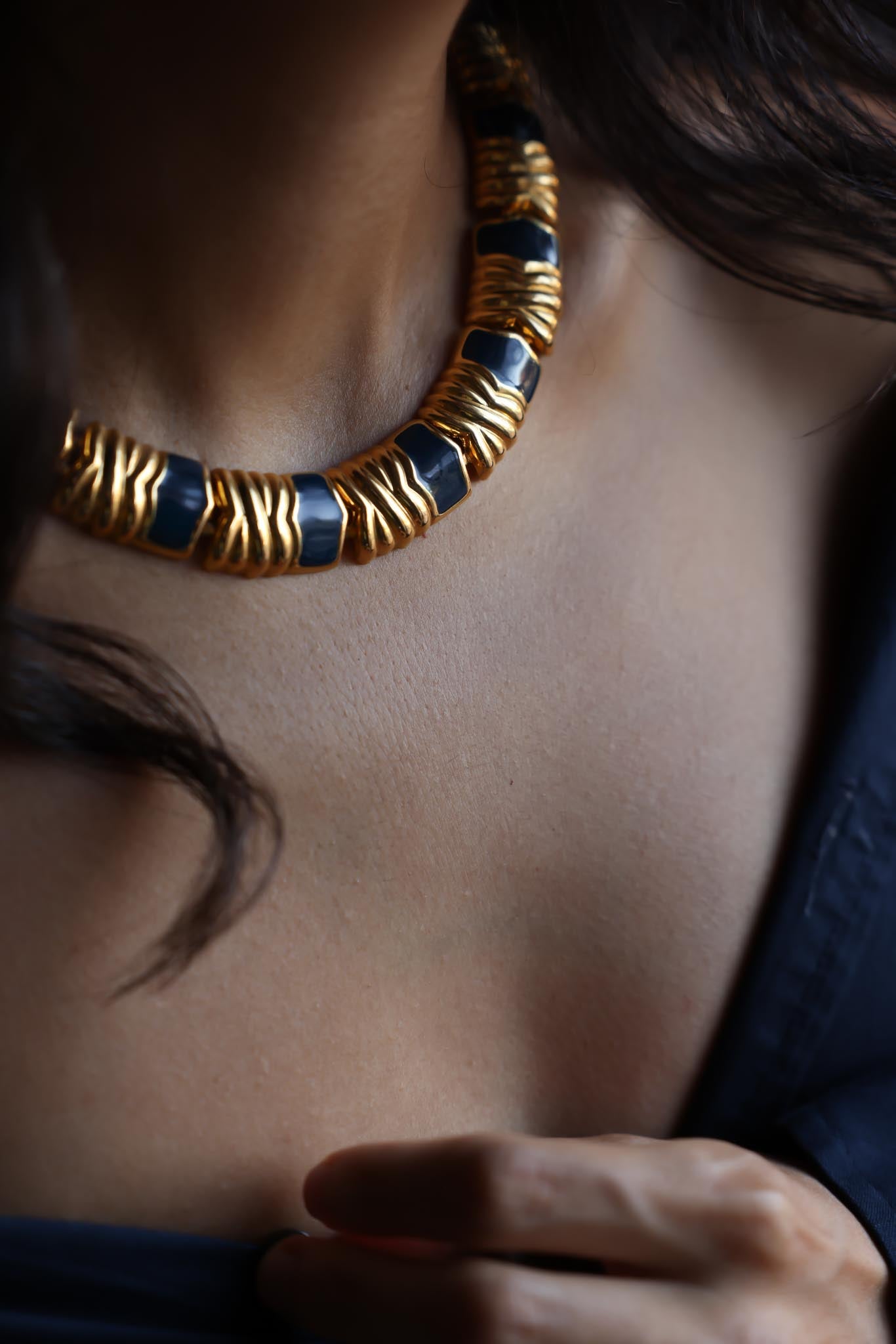 Gold-Tone and Navy Enamel Collar Necklace