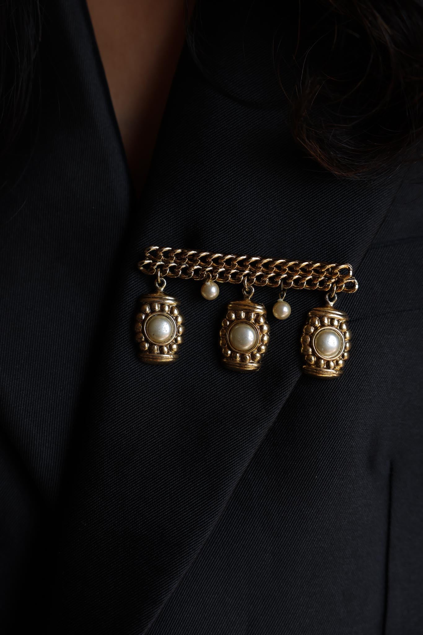 Gold-Tone Pearl Drop Chain Brooch