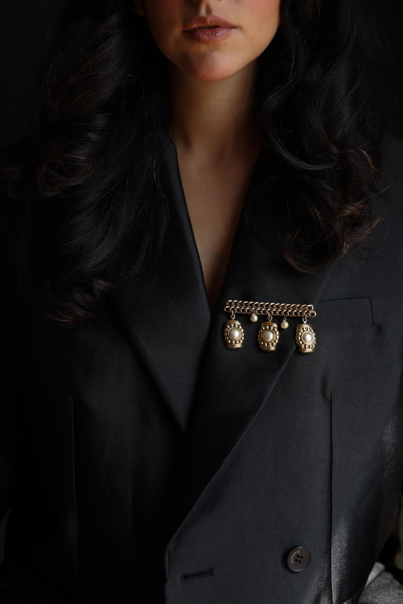 Gold-Tone Pearl Drop Chain Brooch