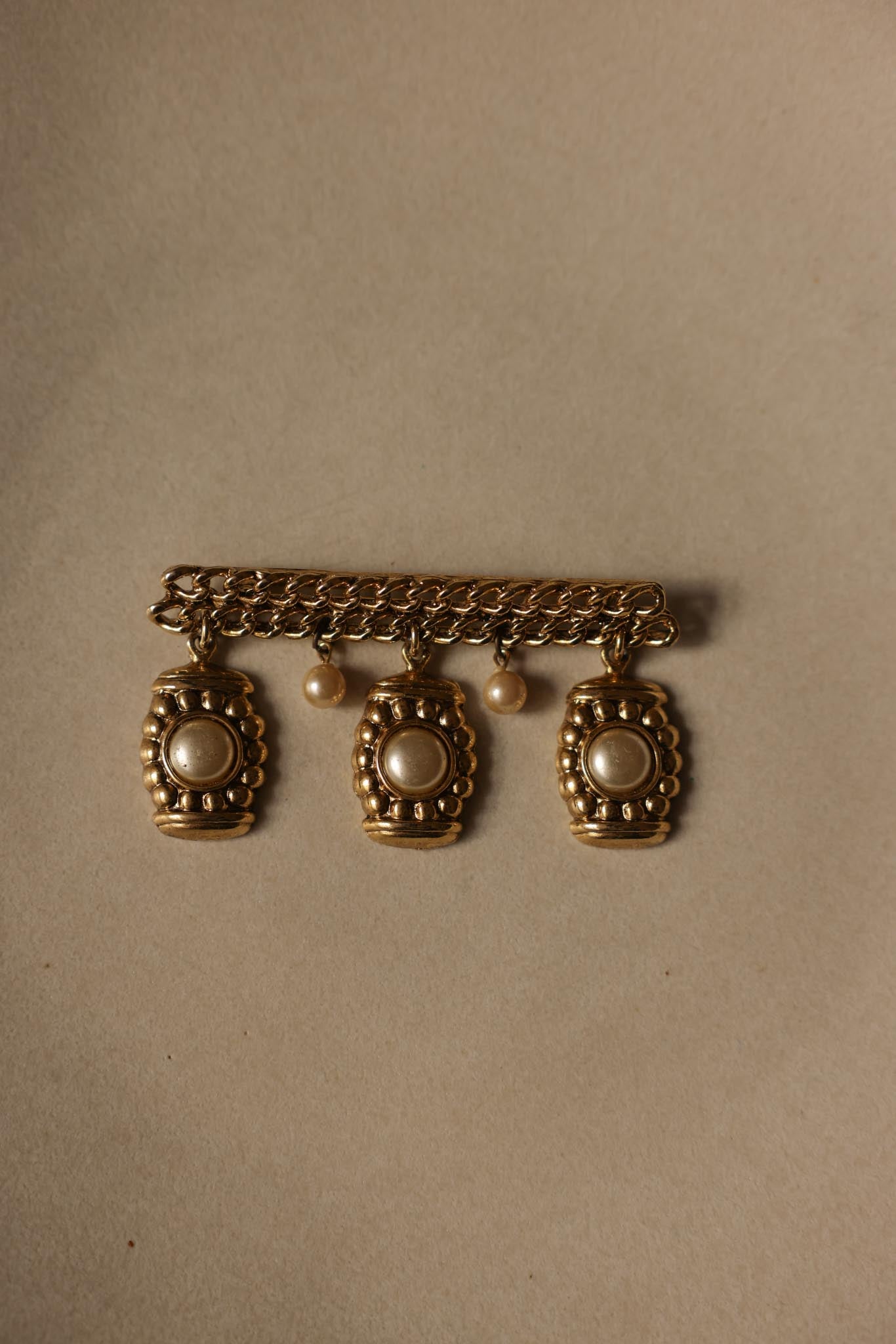 Gold-Tone Pearl Drop Chain Brooch