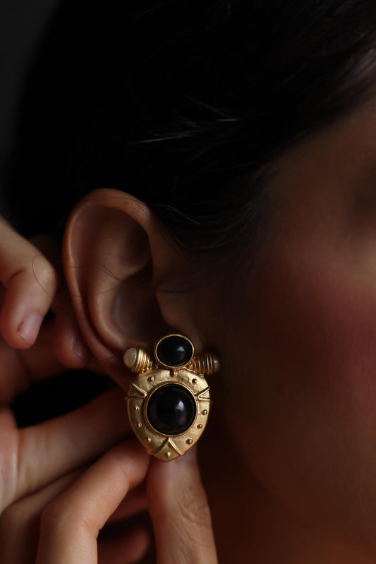 Matte Gold Clip-On Earrings with Black and Pearl Accents