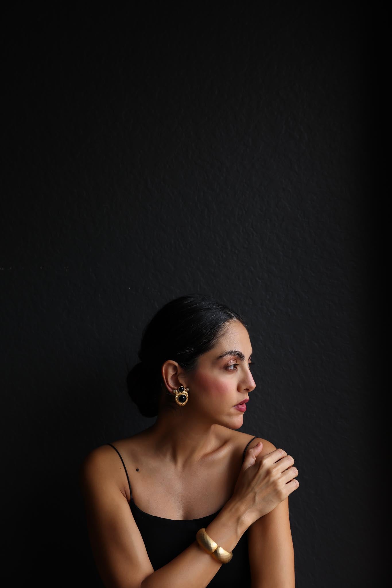 Matte Gold Clip-On Earrings with Black and Pearl Accents