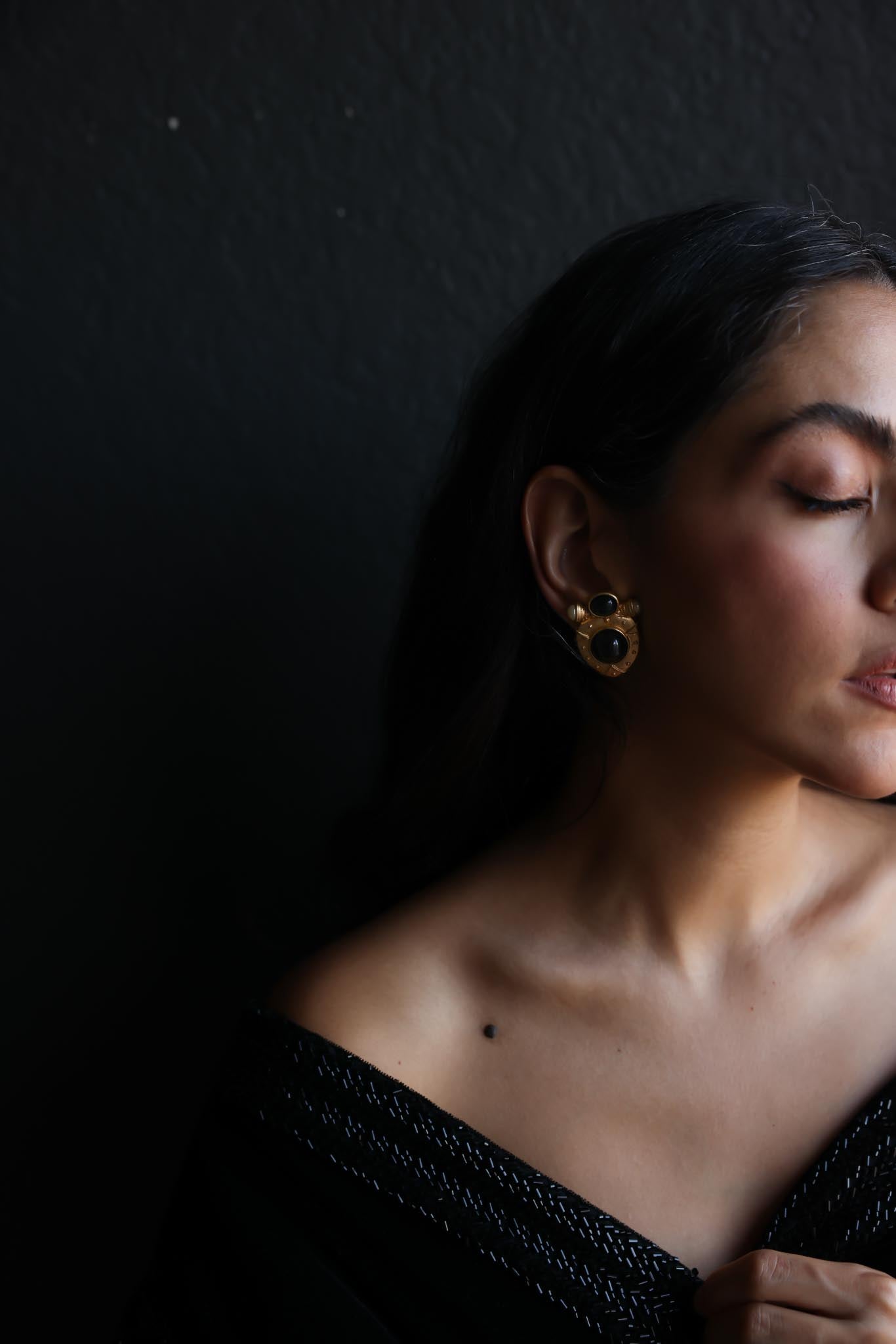 Matte Gold Clip-On Earrings with Black and Pearl Accents