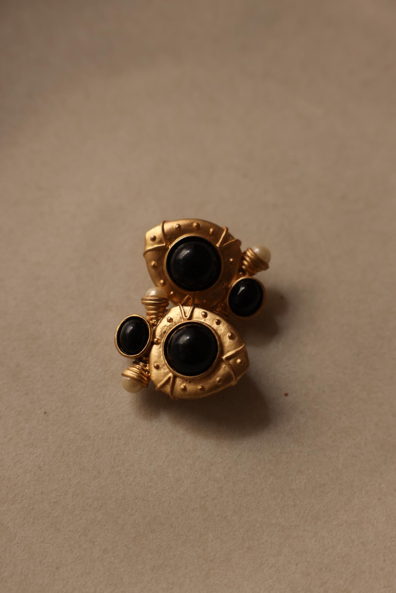 Matte Gold Clip-On Earrings with Black and Pearl Accents