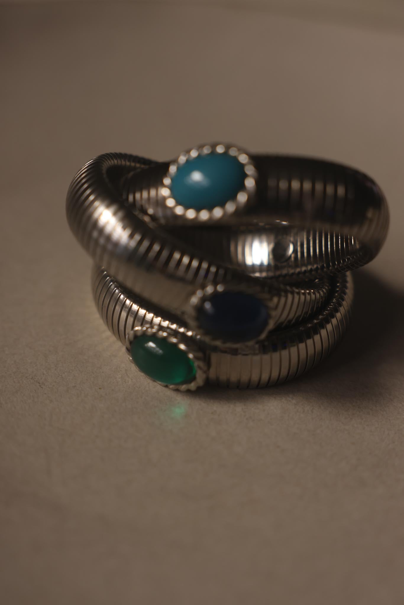 Silver-Plated Flexible Cuff Bracelets with Colorful Cabochons – Set of Three