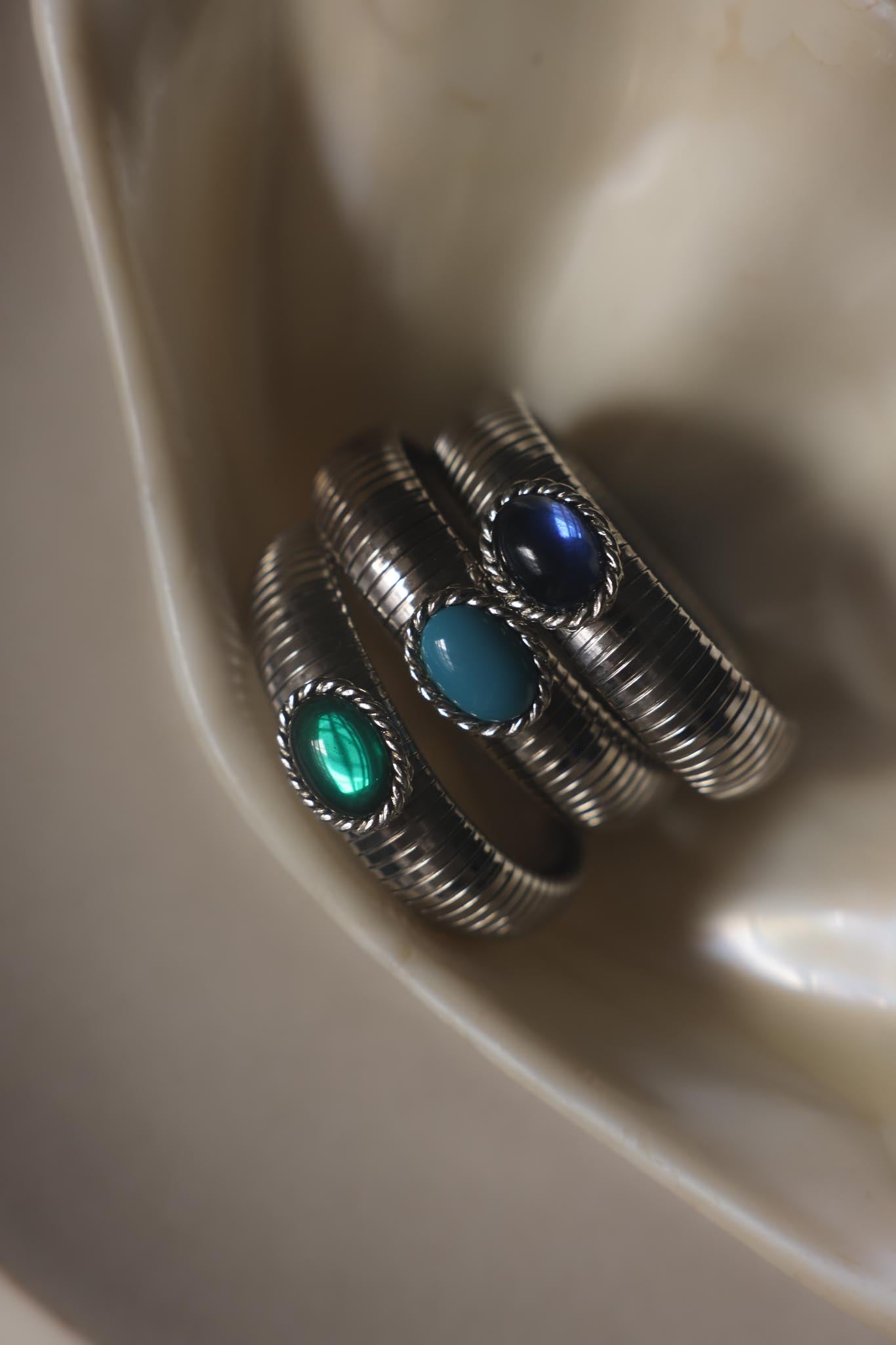 Silver-Plated Flexible Cuff Bracelets with Colorful Cabochons – Set of Three