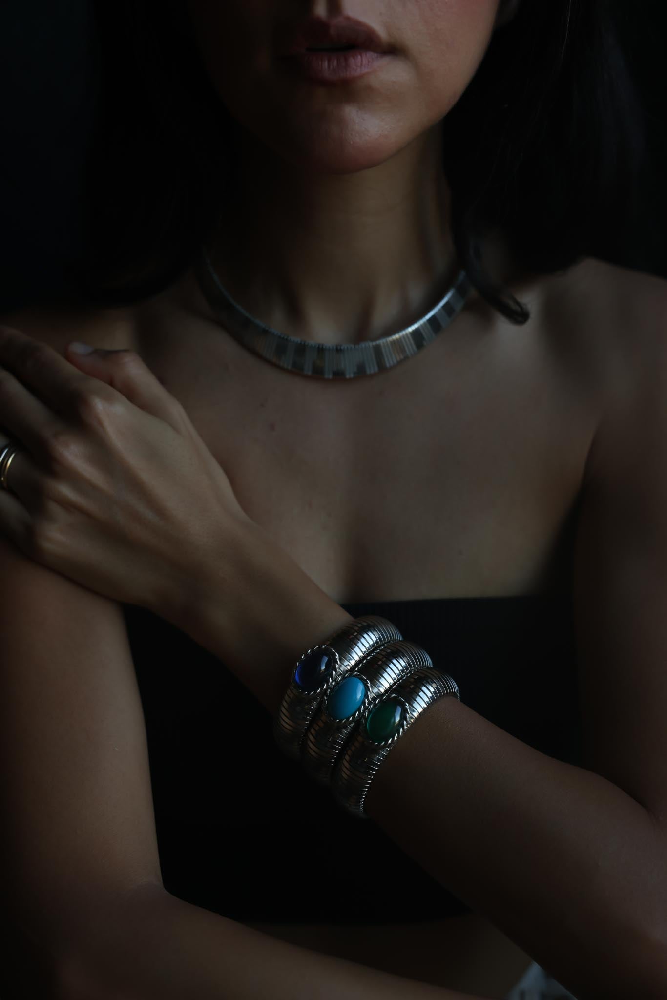 Silver-Plated Flexible Cuff Bracelets with Colorful Cabochons – Set of Three