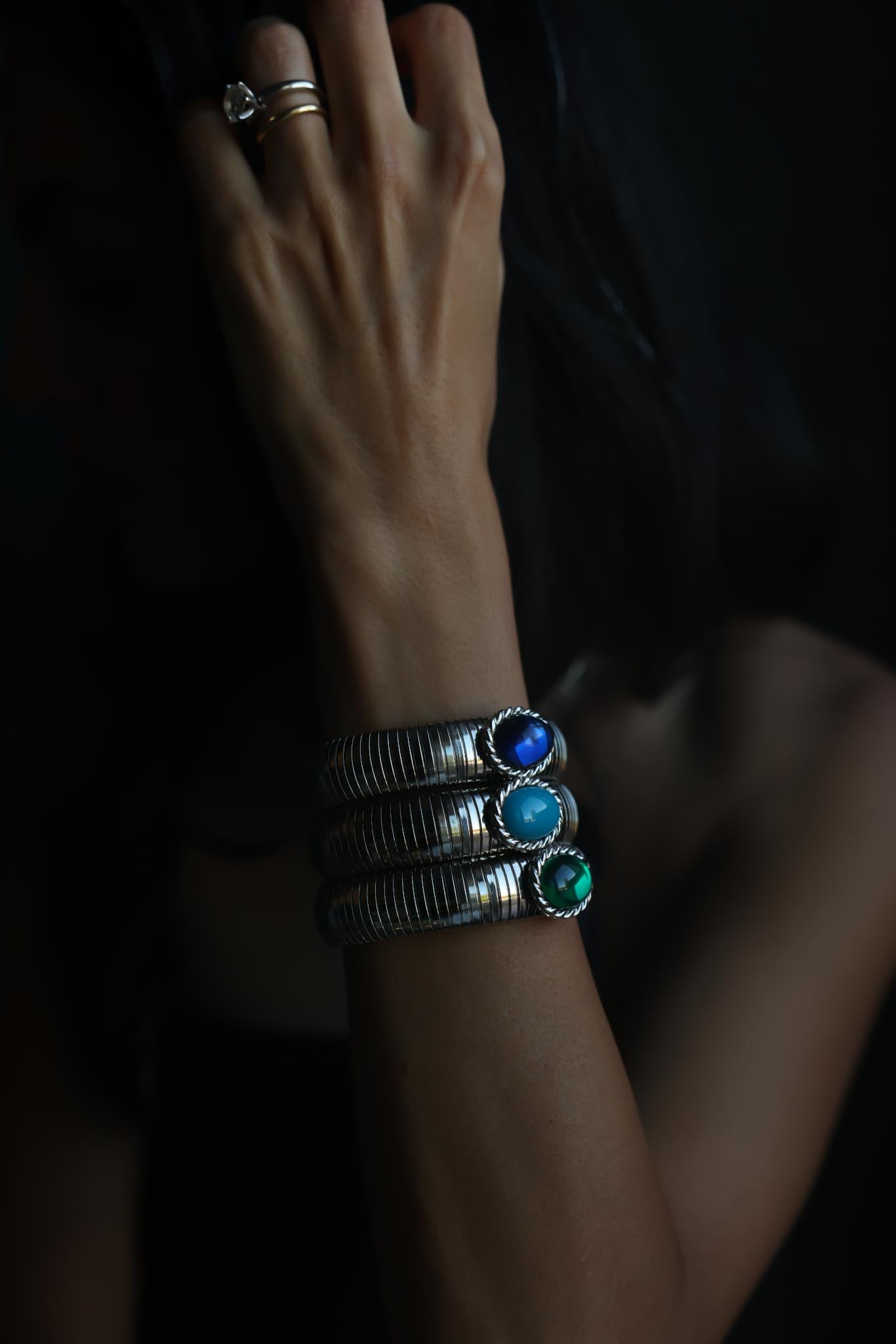 Silver-Plated Flexible Cuff Bracelets with Colorful Cabochons – Set of Three