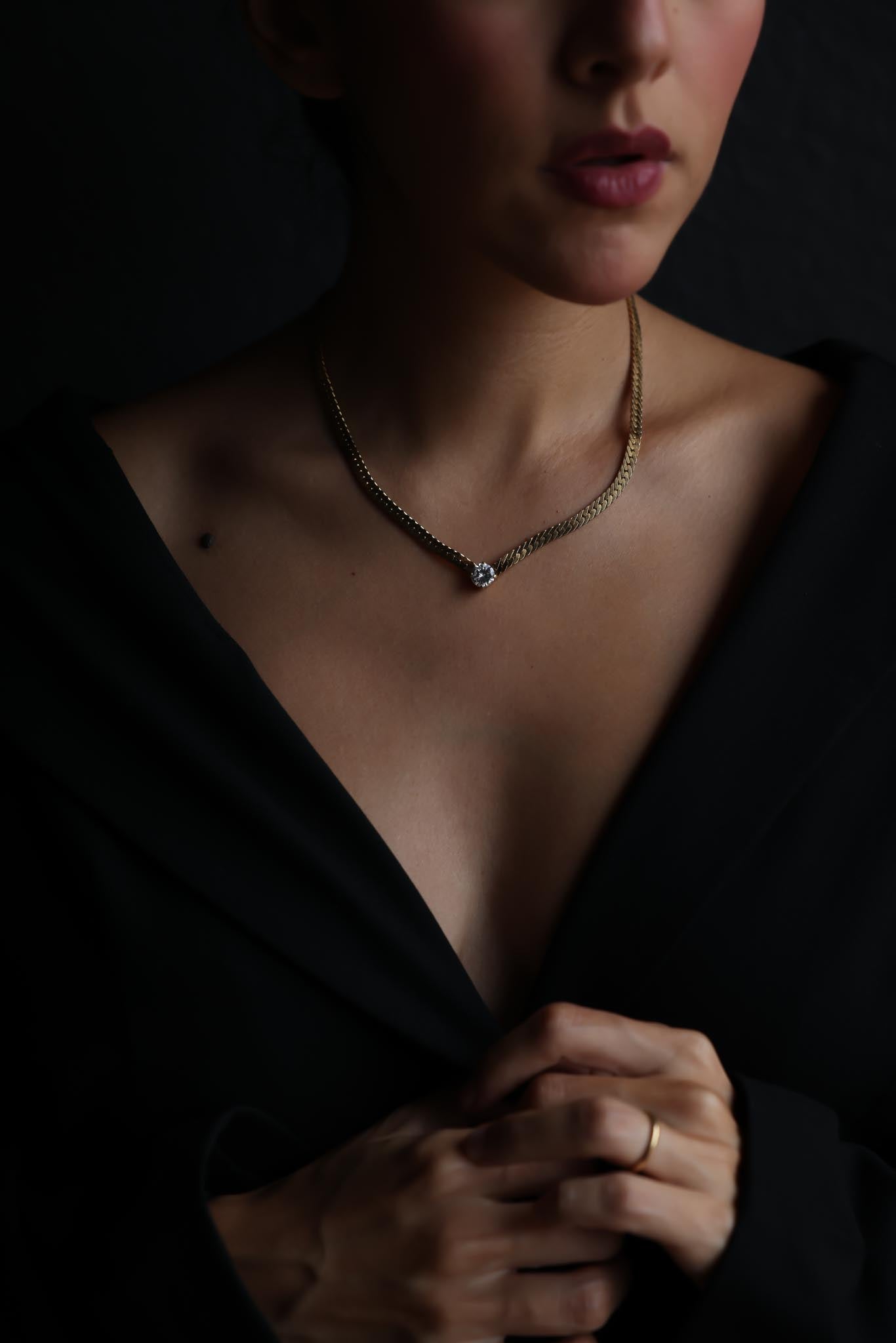 Gold-Plated Necklace with Rhinestone Center