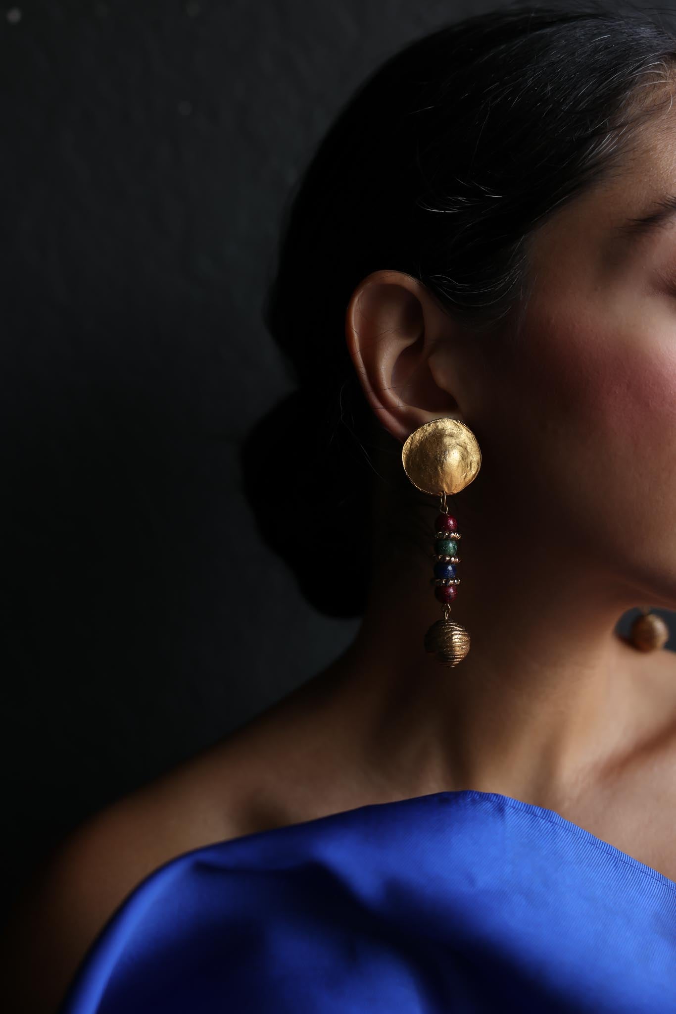 Matte Gold Beaded Drop Clip-On Earrings