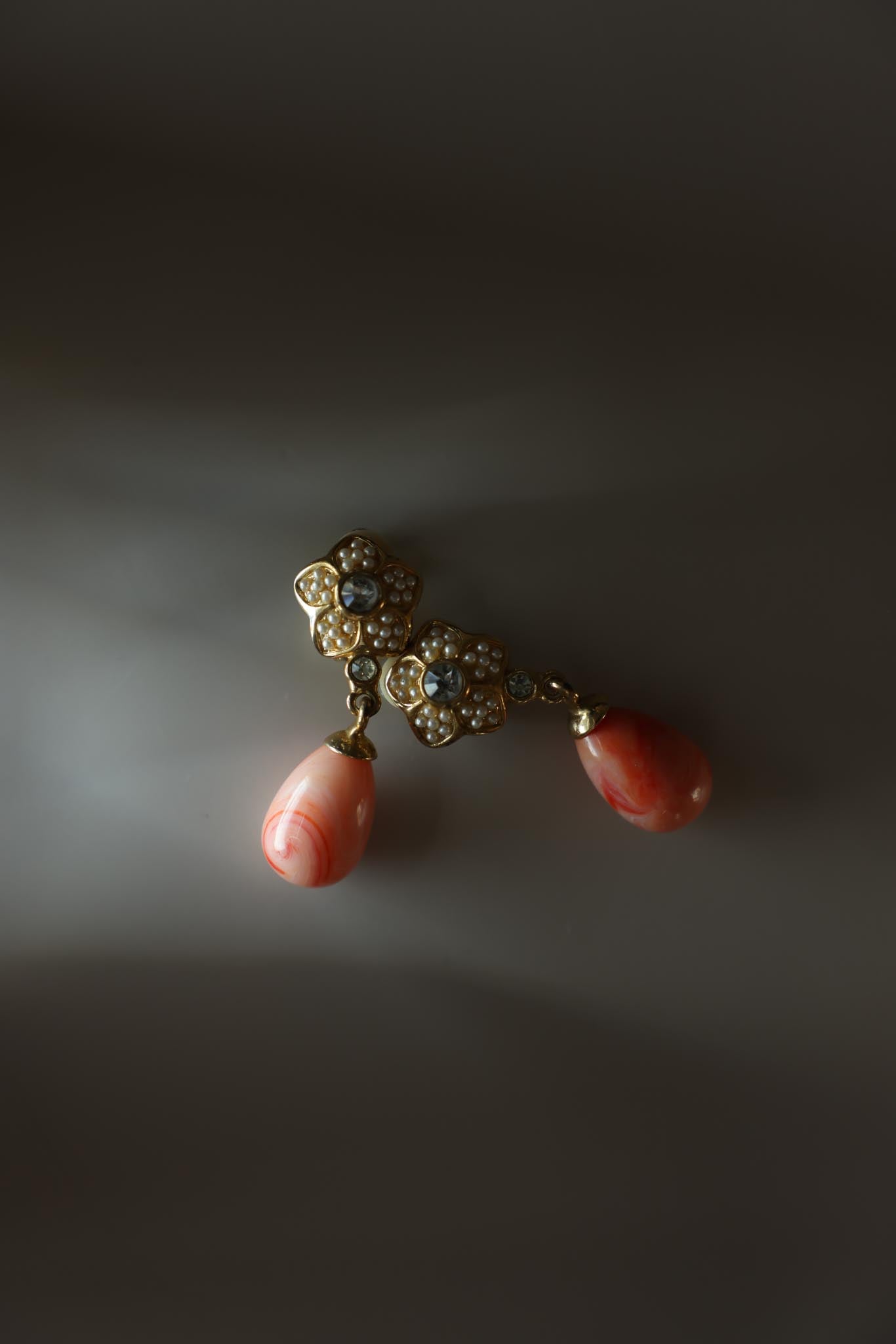 Faux Pearl And Coral-Tone Drop Clip-On Earrings