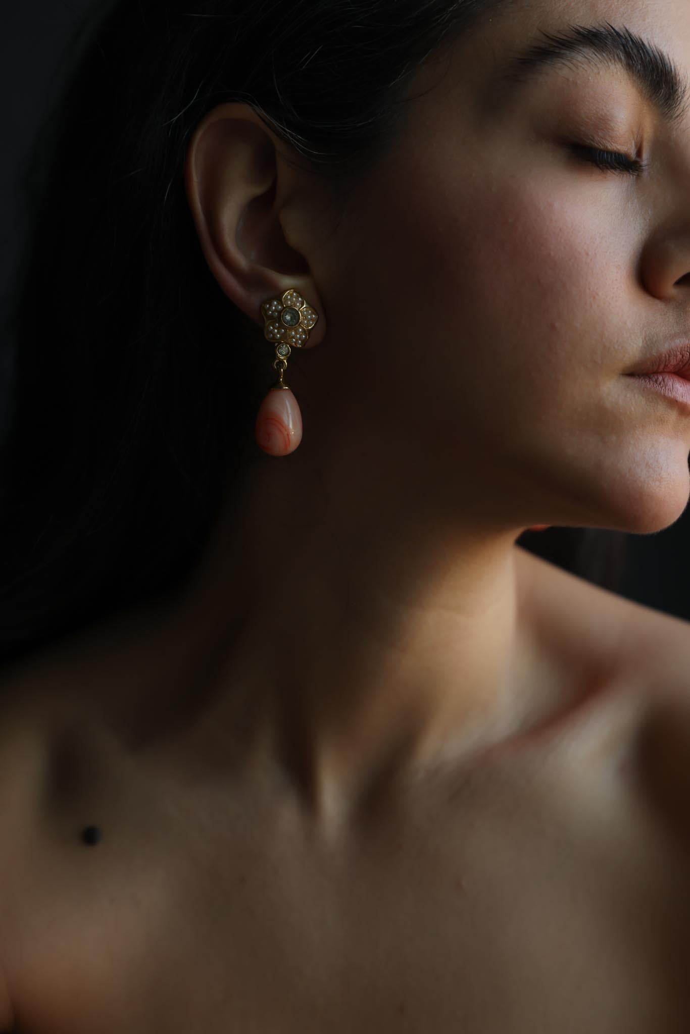 Faux Pearl And Coral-Tone Drop Clip-On Earrings