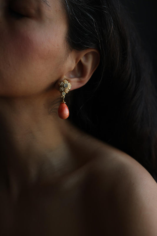 Faux Pearl And Coral-Tone Drop Clip-On Earrings