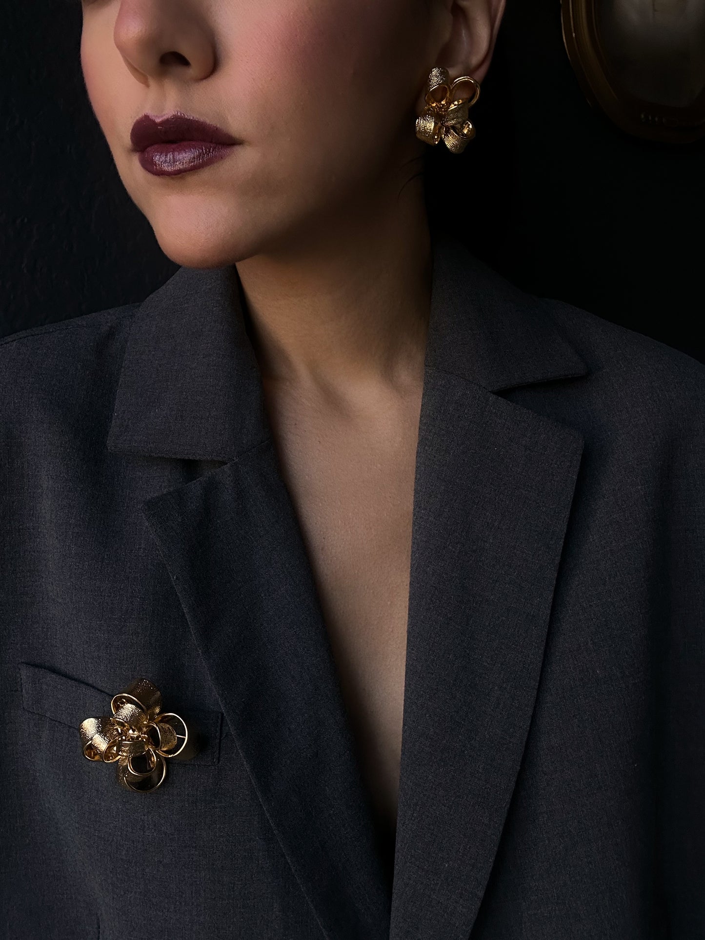 KJL Textured Gold Tone Earrings & Brooch|Vintage Baazaar 