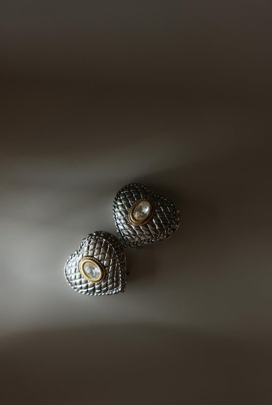 Two-Tone Heart Rhinestone Clip-On Earrings
