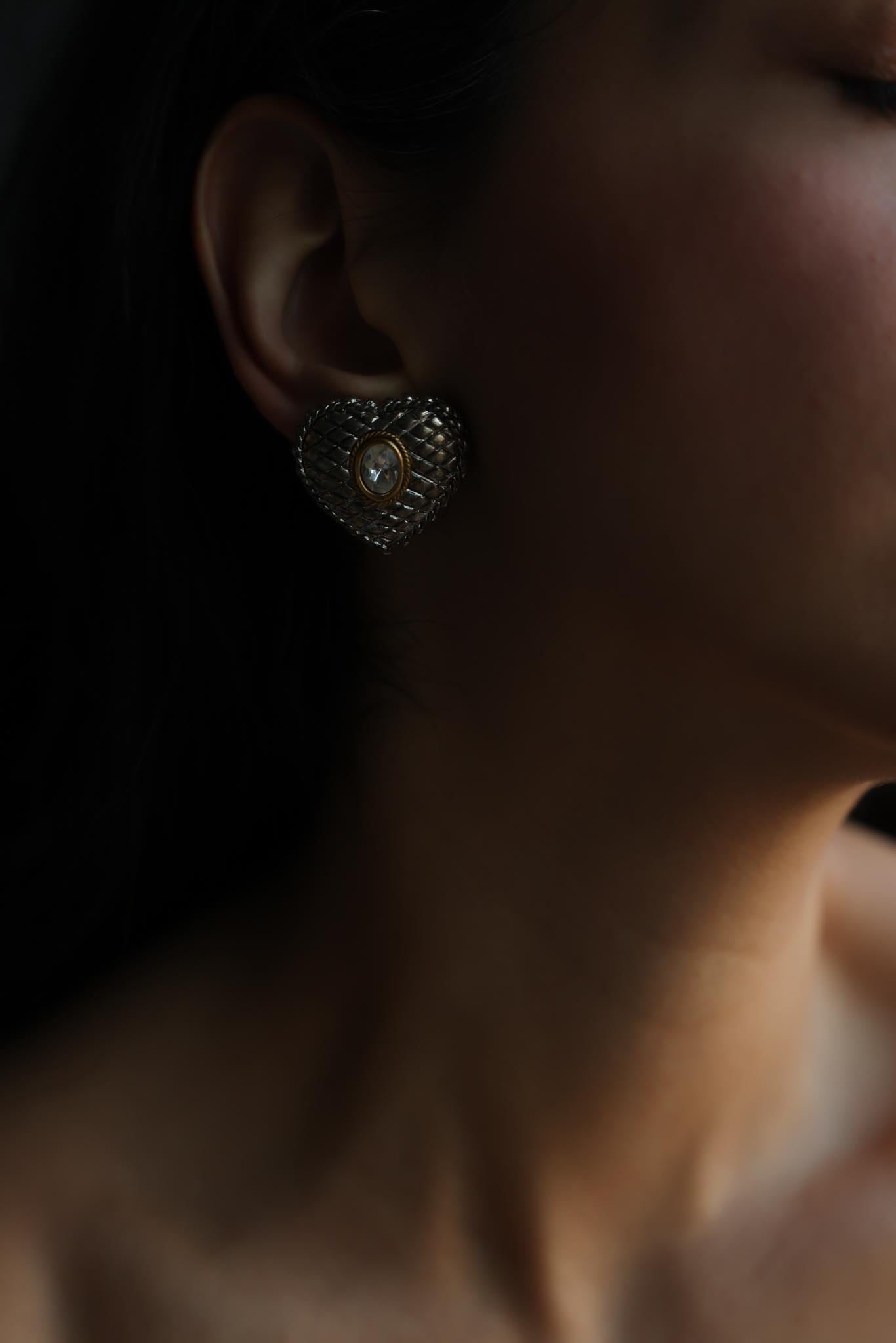 Two-Tone Heart Rhinestone Clip-On Earrings