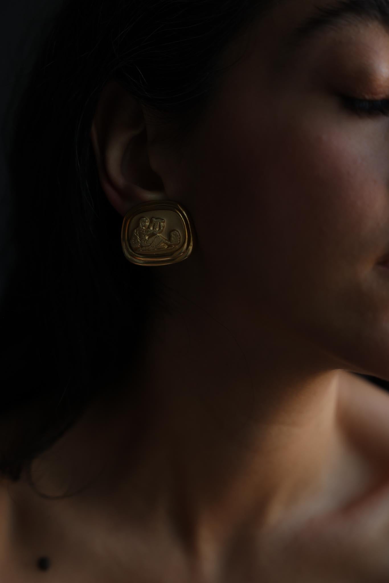 Roman Motif Gold-Tone Clip-On Earrings