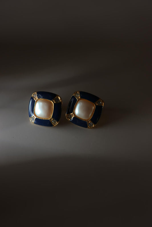 Navy Enamel And Faux Pearl Clip-On Earrings
