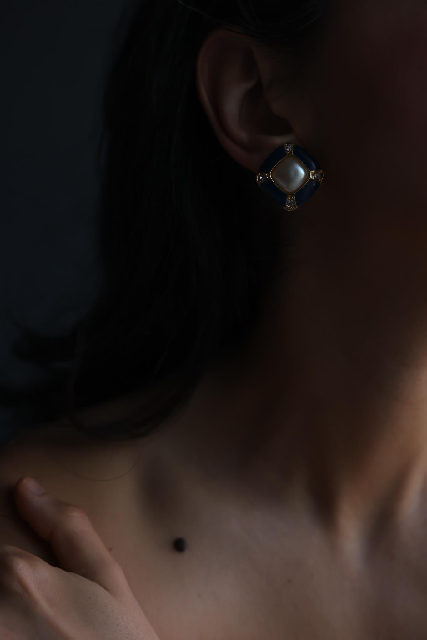 Navy Enamel And Faux Pearl Clip-On Earrings