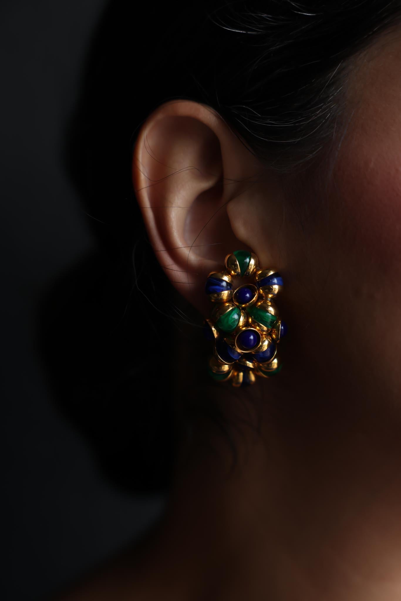 Gold-Tone Blue and Green Cluster Clip-On Earrings