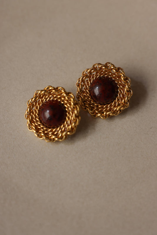 Gold Tone Woven Clip-On Earrings With Burgundy Cabochon